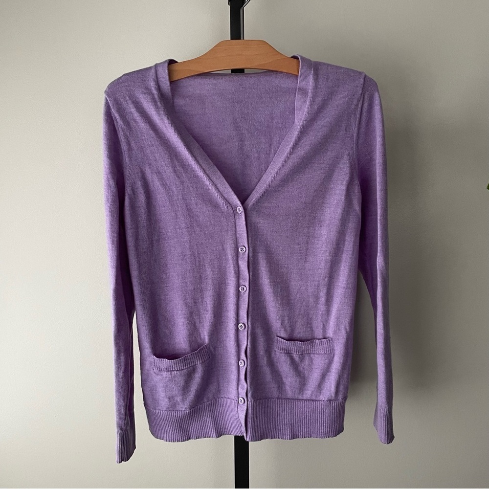 Lord & Taylor 100% Merino Wool Button Down Knit Cardigan Sweater Purple, M
